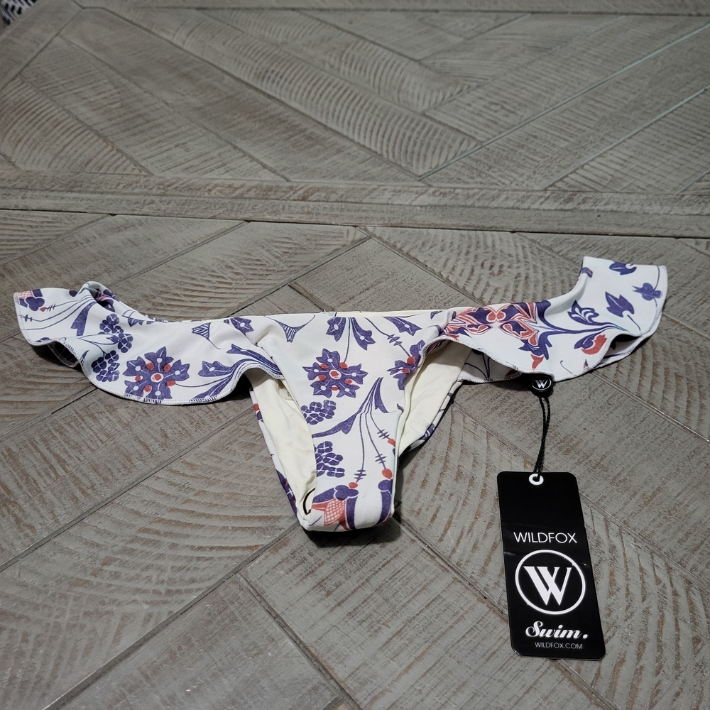 Wildfox White Bikini Bottom with Purple Floral and Coral Accents